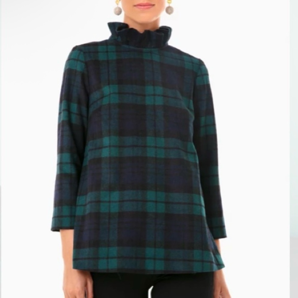 Size SMALL Tuckernuck Wool Faye Green Plaid BlackWatch Ruffle Bow Top, NWT